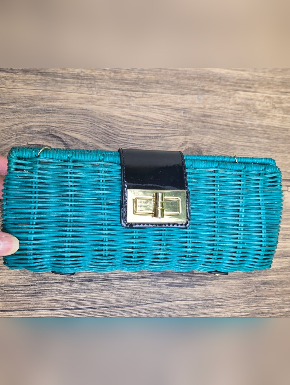 NWT JCrew Teal Straw And Leather Woven Crossbody Bag with Gold Turn-Lock Boho - Picture 2 of 9